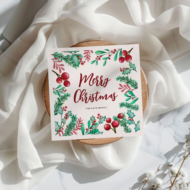 Serviette En Papier Aquarelle Foliole d'hiver Joyeux Noël (Créateur téléchargé)