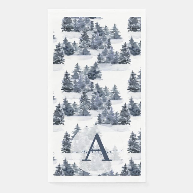Serviette En Papier Aquarelle Forêt d'hiver Monogramme Noël (Devant)