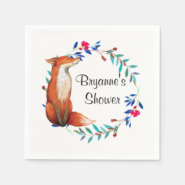 Serviette En Papier Aquarelle Fox & Wreath Fête des mariées (Devant)