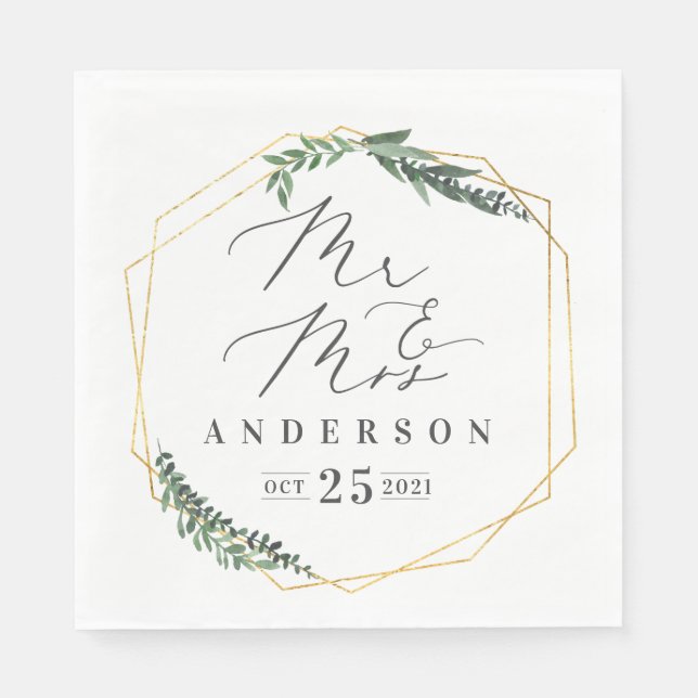 Serviette En Papier aquarelle géométrique or feuillage (Devant)