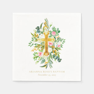 Serviette En Papier Aquarelle Gold Cross Rose Blanc Floral Baptême