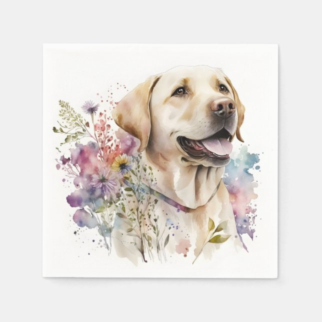 Serviette En Papier Aquarelle Golden Labrador Retriever et Fleurs (Devant)