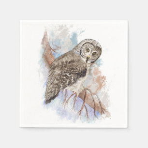 Serviette En Papier Aquarelle Grande Chouette gris Oiseau Nature Art