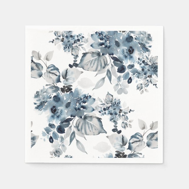 Serviette En Papier Aquarelle Gris et bleu Floral (Devant)