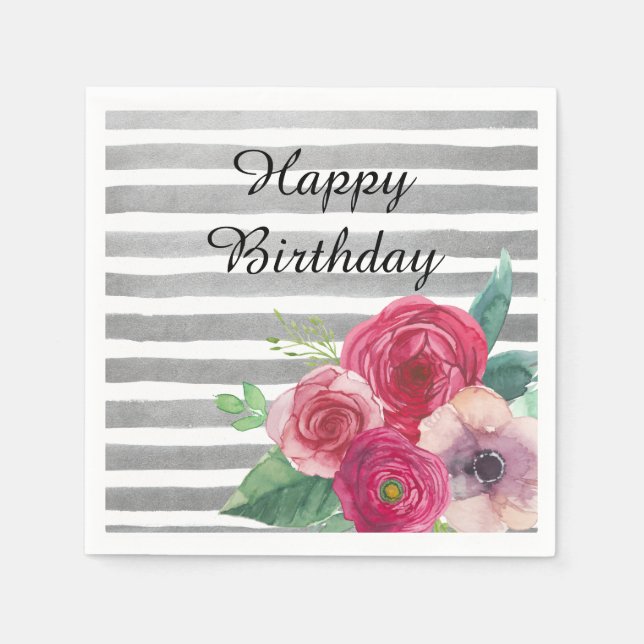 Serviette En Papier Aquarelle Gris et Fleurs roses (Devant)