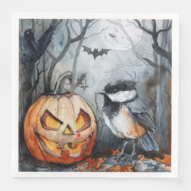 Serviette En Papier Aquarelle Halloween Chickadee Bird pour Découpage (Devant)