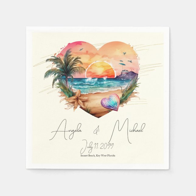 Serviette En Papier Aquarelle Hawaii Beach Sunset Heart Mariage (Devant)