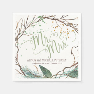 Serviette En Papier Aquarelle hiver couronne m. mrs script mariage