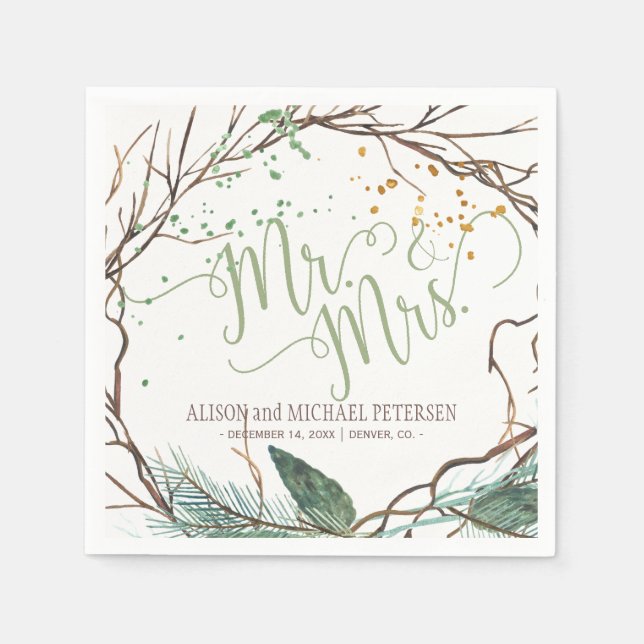 Serviette En Papier Aquarelle hiver couronne m. mrs script mariage (Devant)