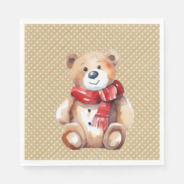 Serviette En Papier Aquarelle Hiver Ours En Teddy Sur Pois (Devant)