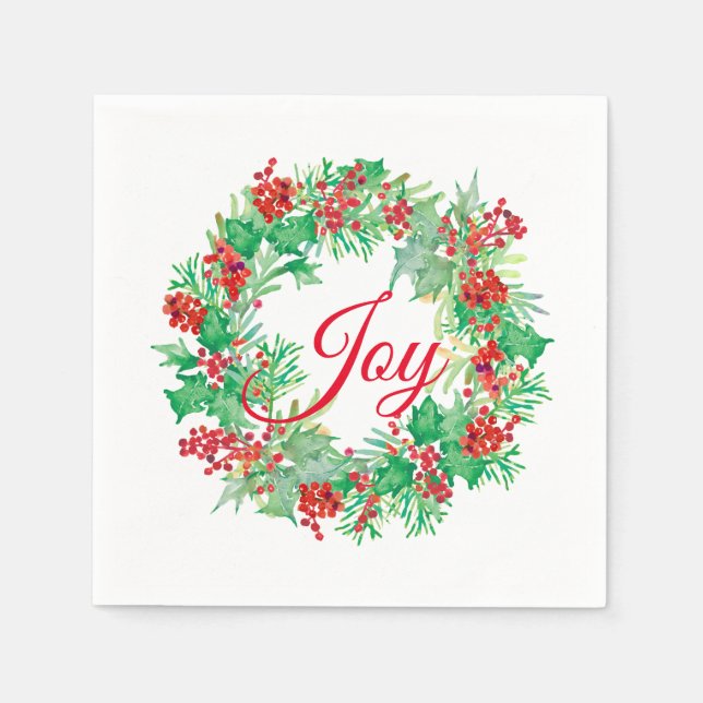 Serviette En Papier Aquarelle Holly Berry Wreath Red Joy Holiday (Devant)