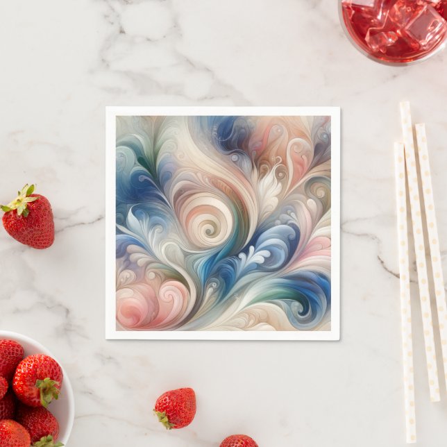 Serviette En Papier Aquarelle Imaginaire Floral Pastel Bleu & Crème (En situation)