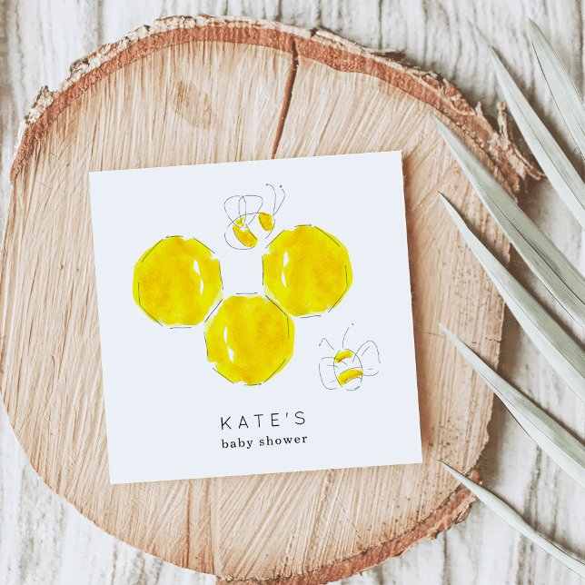 Serviette En Papier Aquarelle jaune Bumble Bee Honeycomb Baby shower (Yellow honeycomb and bees custom baby shower napkins.)