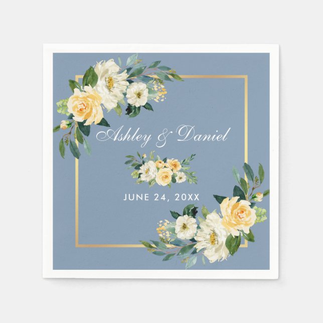Serviette En Papier Aquarelle Jaune Floral Dusty Blue Mariage (Devant)