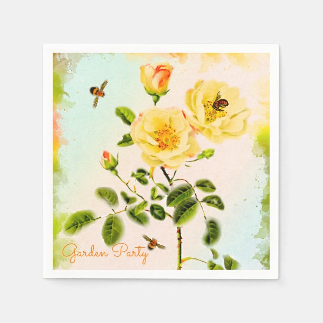 Serviette En Papier Aquarelle Jaune Roses et abeilles Jardin (Devant)