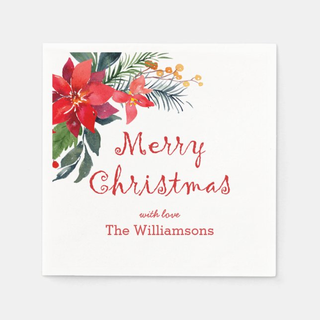 Serviette En Papier Aquarelle Joyeux Noël Poinsettia (Devant)
