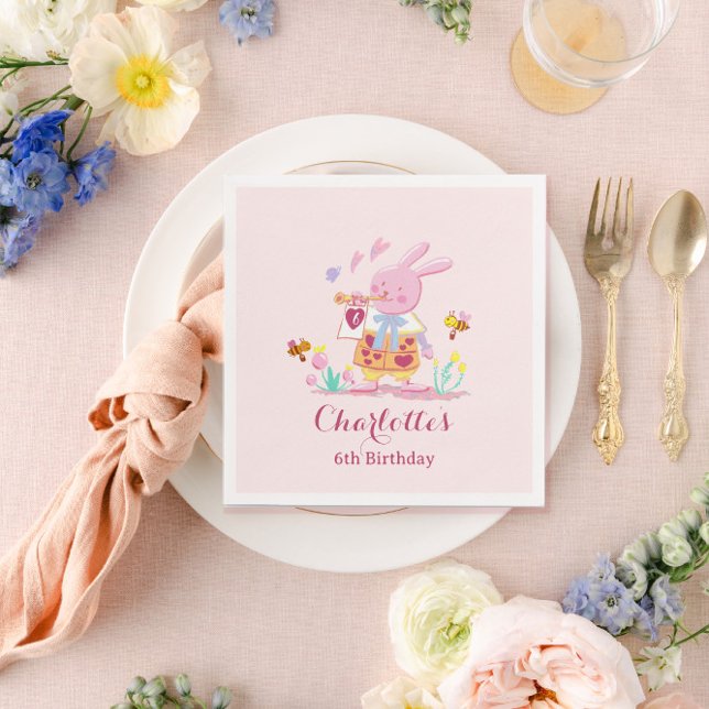 Serviette En Papier Aquarelle lapin rose dans l'anniversaire de enfant (Créateur téléchargé)