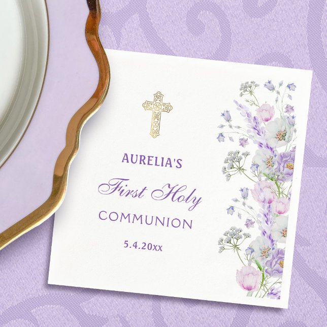 Serviette En Papier Aquarelle Lilac Fleurs Première communion (Créateur téléchargé)