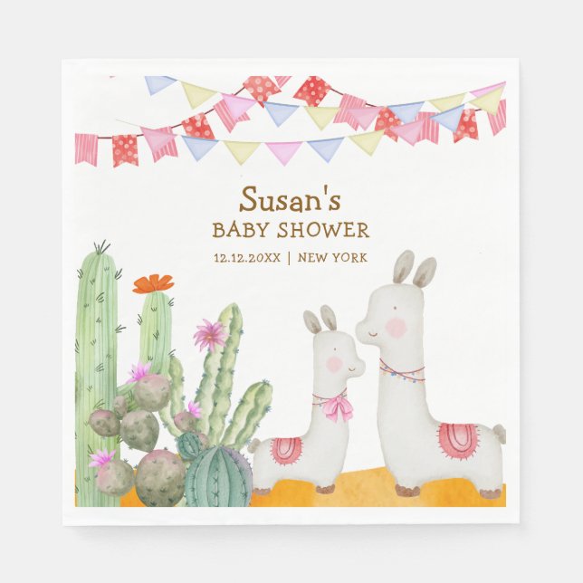 Serviette En Papier Aquarelle Llama Desert Cactus Fiesta Baby shower (Devant)