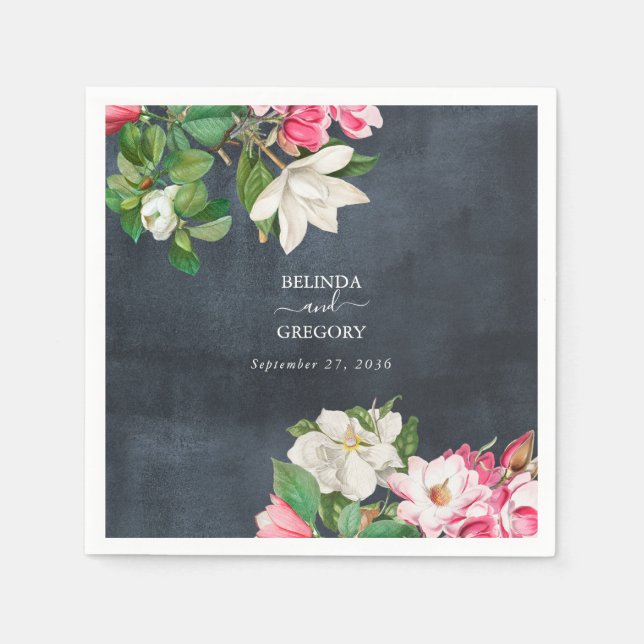 Serviette En Papier Aquarelle Magnolia Fleurs Mariage Noir Blanc (Devant)