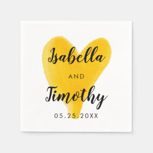 Serviette En Papier Aquarelle Mariage Lettrage main Coeur jaune