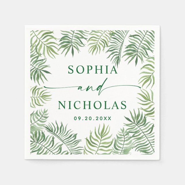 Serviette En Papier Aquarelle mariage tropical verdure palme script (Devant)