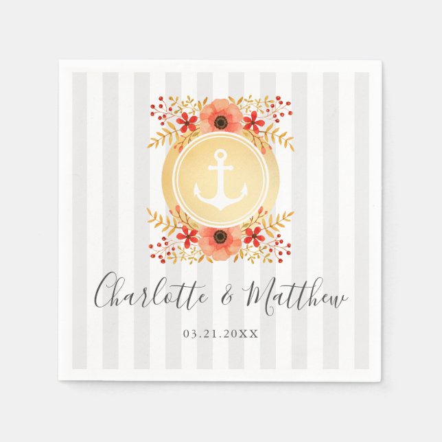 Serviette En Papier Aquarelle marine Floral Gold Ancre Mariage (Devant)