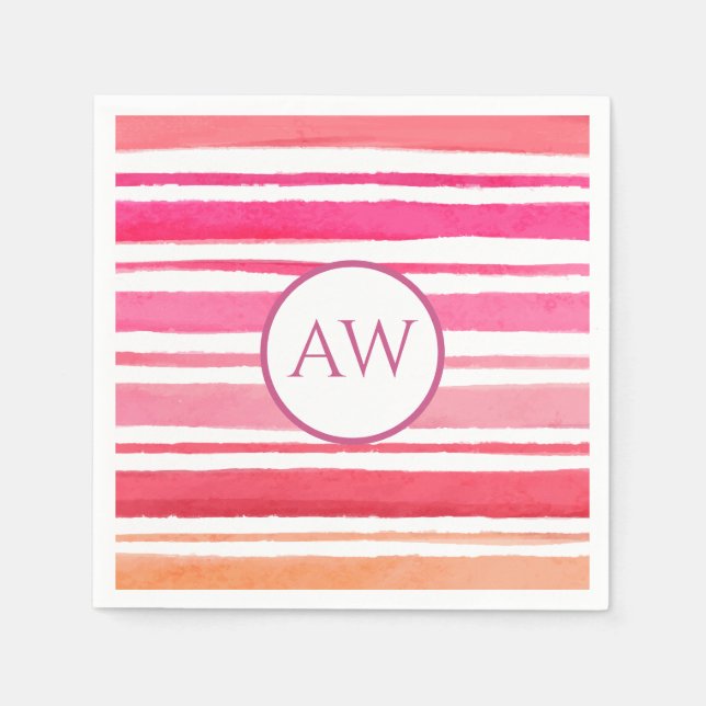 Serviette En Papier Aquarelle marine Monogramme en bande rose (Devant)