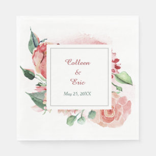 Serviette En Papier Aquarelle Marsala Rouge Mariage Floral