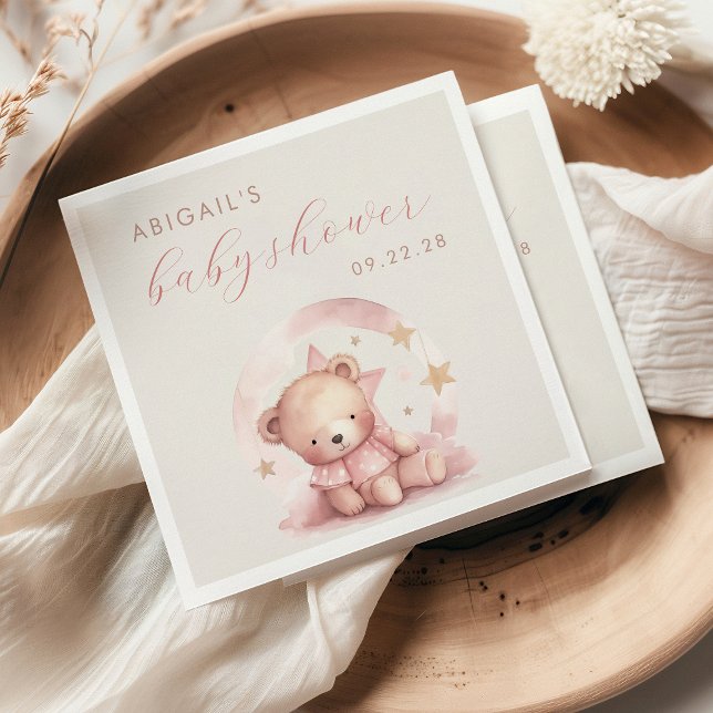 Serviette En Papier Aquarelle mignonne Baby shower de fille d'ours ros (Créateur téléchargé)