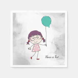 Serviette En Papier Aquarelle mignonne Bâton fille Balloon Turquoise É