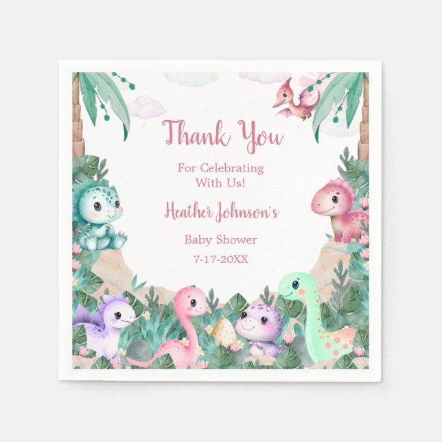 Serviette En Papier Aquarelle mignonne Dinosaur Baby shower fille (Devant)