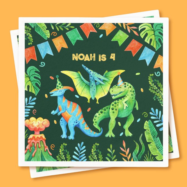 Serviette En Papier Aquarelle mignonne Dinosaures Garçons fête d'anniv (Watercolor Dinosaurs Boys Birthday Napkins)