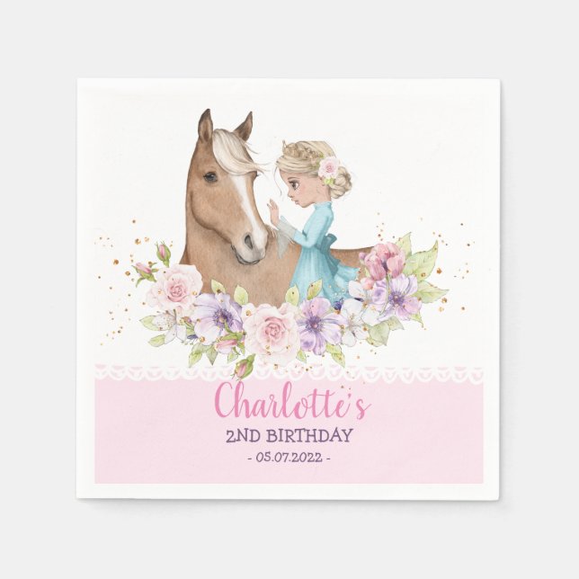 Serviette En Papier Aquarelle mignonne Pastel Princesse et Cheval Anni (Devant)