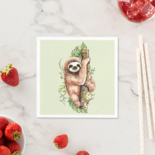 Serviette En Papier Aquarelle mignonne Sloth & Feuilles tropicaux