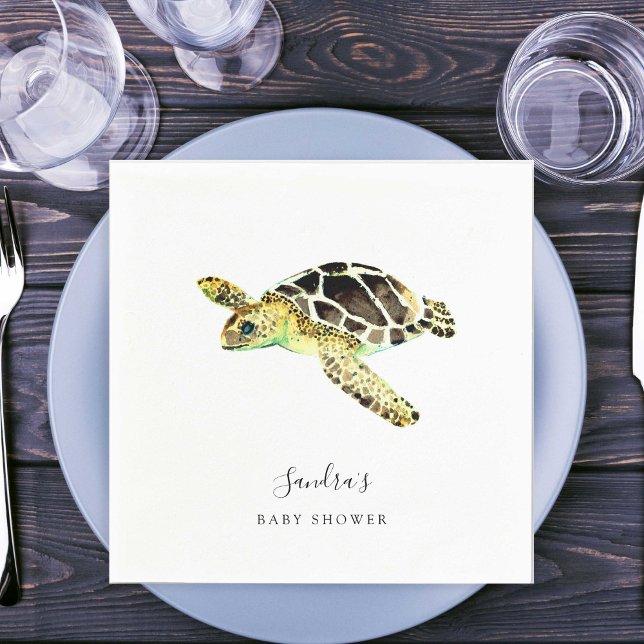 Serviette En Papier Aquarelle minimale du Baby shower de tortue de mer (Créateur téléchargé)