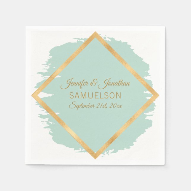 Serviette En Papier Aquarelle Mint Green Gold Frame Mariage (Devant)