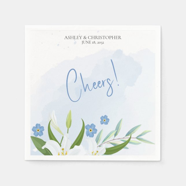 Serviette En Papier Aquarelle moderne bleu Mariage Floral (Devant)