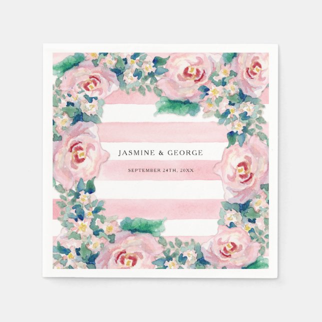 Serviette En Papier Aquarelle MODERNE Chic Large Stripes avec Rose (Devant)
