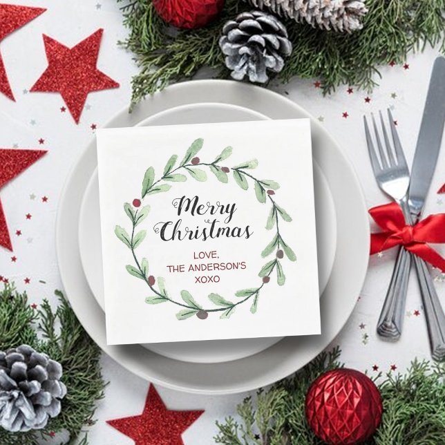 Serviette En Papier Aquarelle moderne Holly Wreath Noël (Créateur téléchargé)