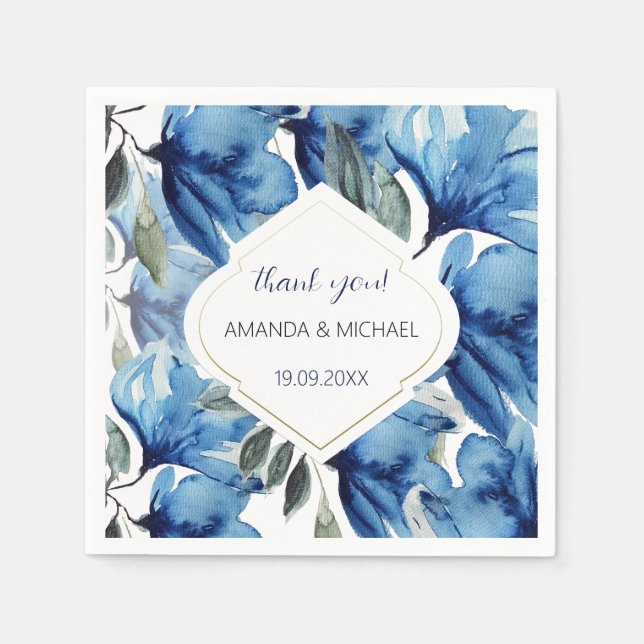 Serviette En Papier Aquarelle moderne Indigo Blue Floral (Devant)