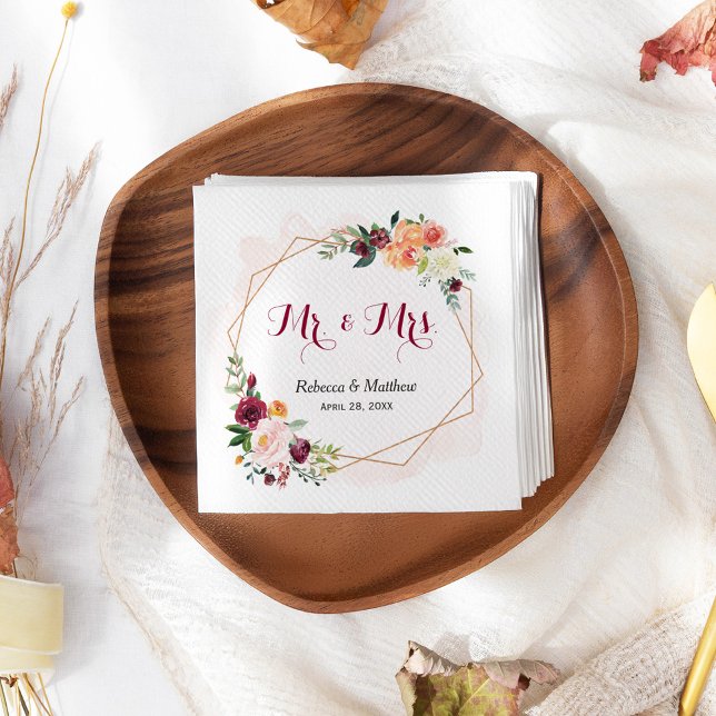 Serviette En Papier Aquarelle moderne rose floral M. et Mme Mariage (Créateur téléchargé)