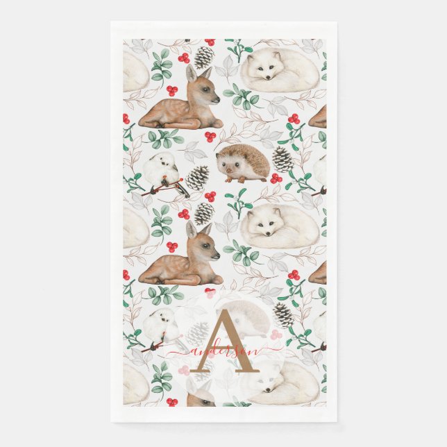 Serviette En Papier Aquarelle Monogramme de Noël en Bois hivernal (Devant)