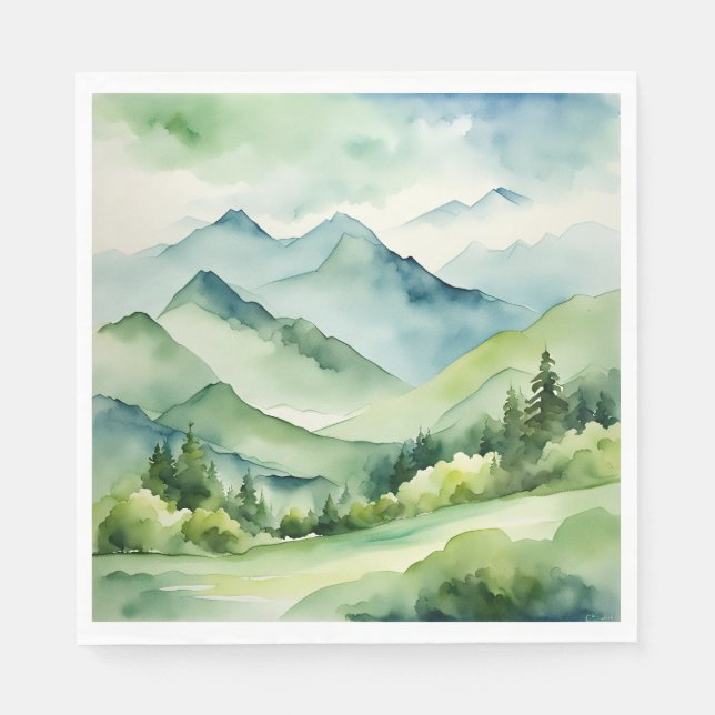 Serviette En Papier Aquarelle Montagnes et arbres (Devant)