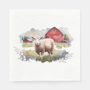 Serviette En Papier Aquarelle Mouton Avec Grange Rouge