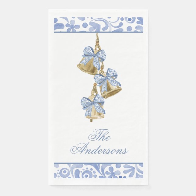 Serviette En Papier Aquarelle Noël bleu Chinoiserie Bow Bells (Devant)