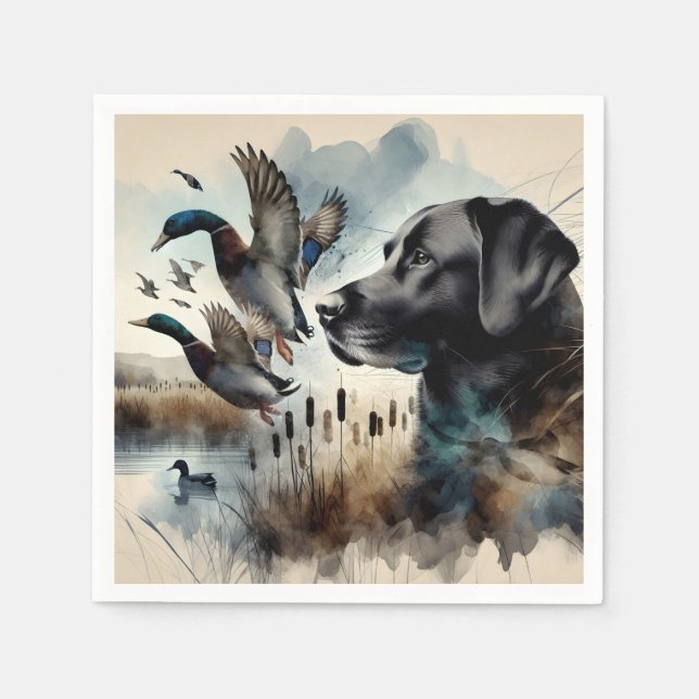Serviette En Papier Aquarelle Noir Labrador Et Canards (Devant)