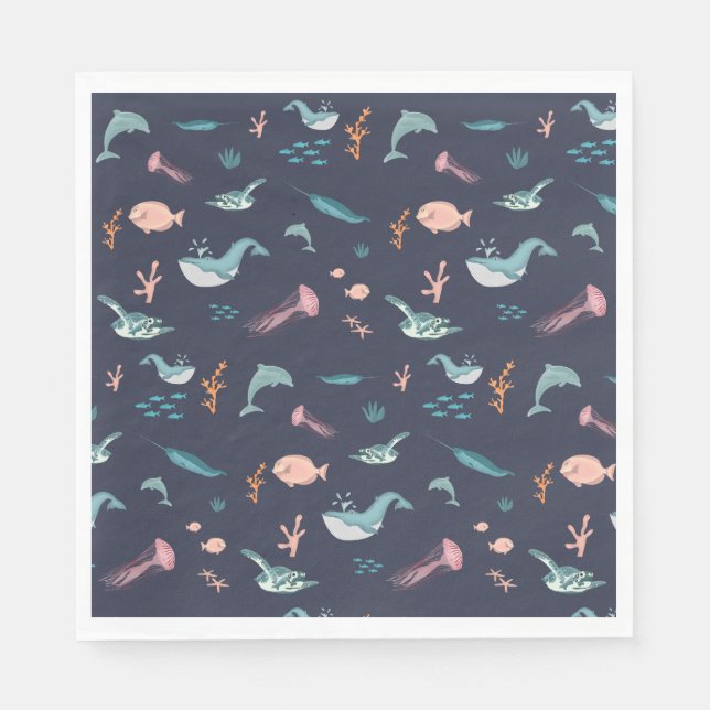 Serviette En Papier Aquarelle Océan Sea Animaux Motif bleu (Devant)