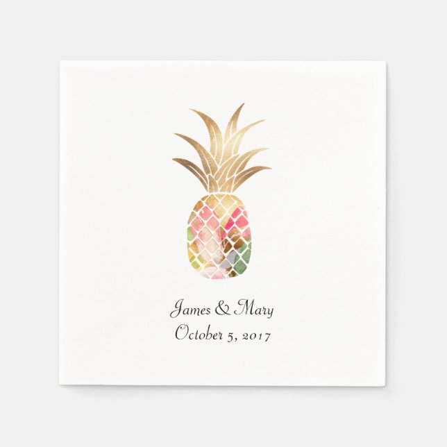 Serviette En Papier Aquarelle Or Ananas Mariage Cocktail (Devant)