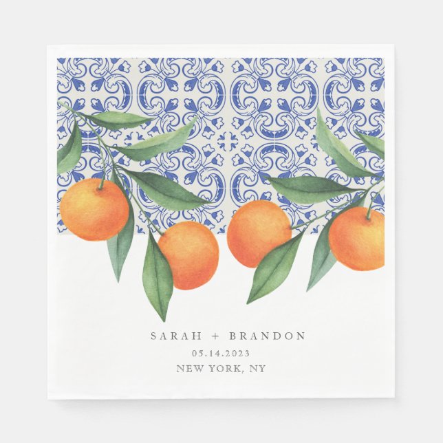 Serviette En Papier Aquarelle Orange Bleu Mariage méditerranéen (Devant)